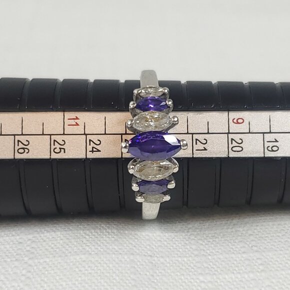 925 Silver Purple & Clear Stone Ring Antique Style Raised Setting Sz 21mm US 10 - Picture 9 of 12